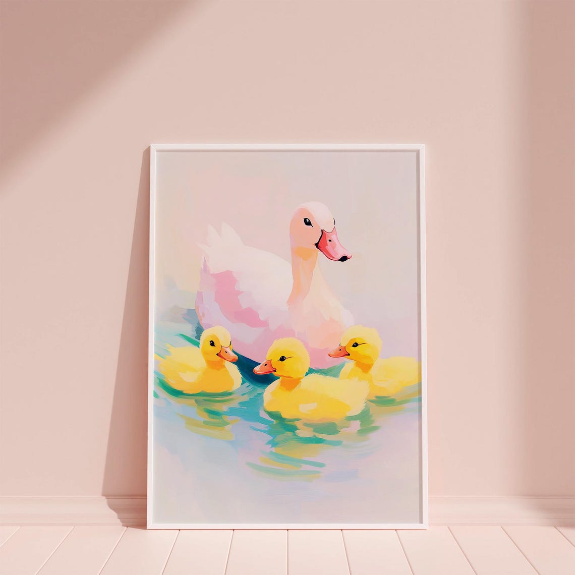 Pastel Mama Duck with Yellow Ducklings Swimming Cute Nursery Poster - Image 6