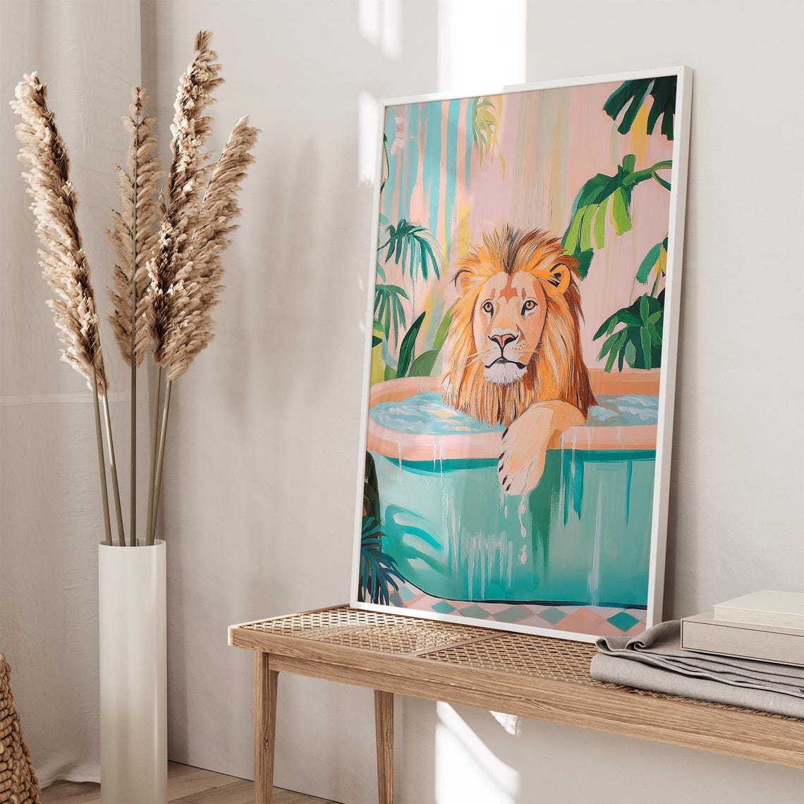 Lion Relaxing in Turquoise Bathtub Tropical Pastel Bathroom Poster - Image 3