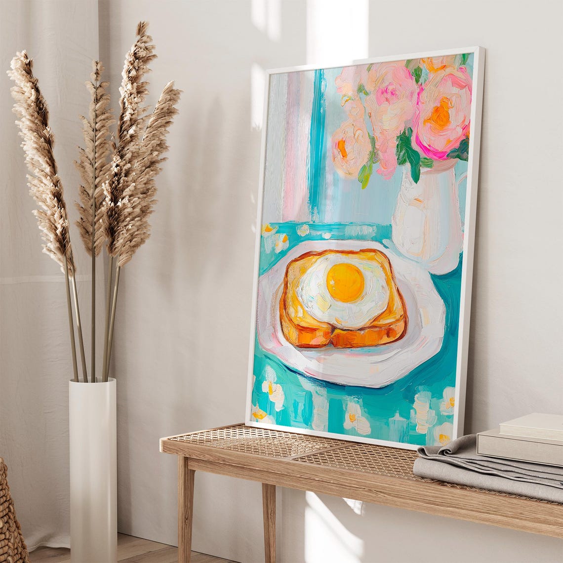 Fried Egg Toast With Peonies Turquoise Breakfast Table Poster - Image 3
