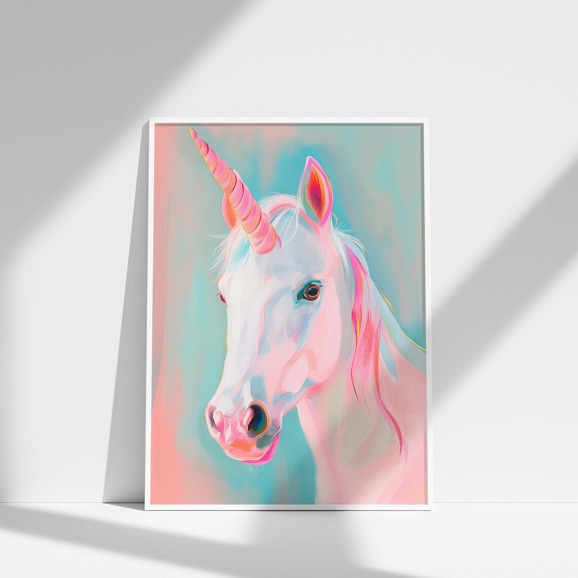 Pastel White Unicorn Portrait With Rainbow Horn Fantasy Art Poster - Image 4