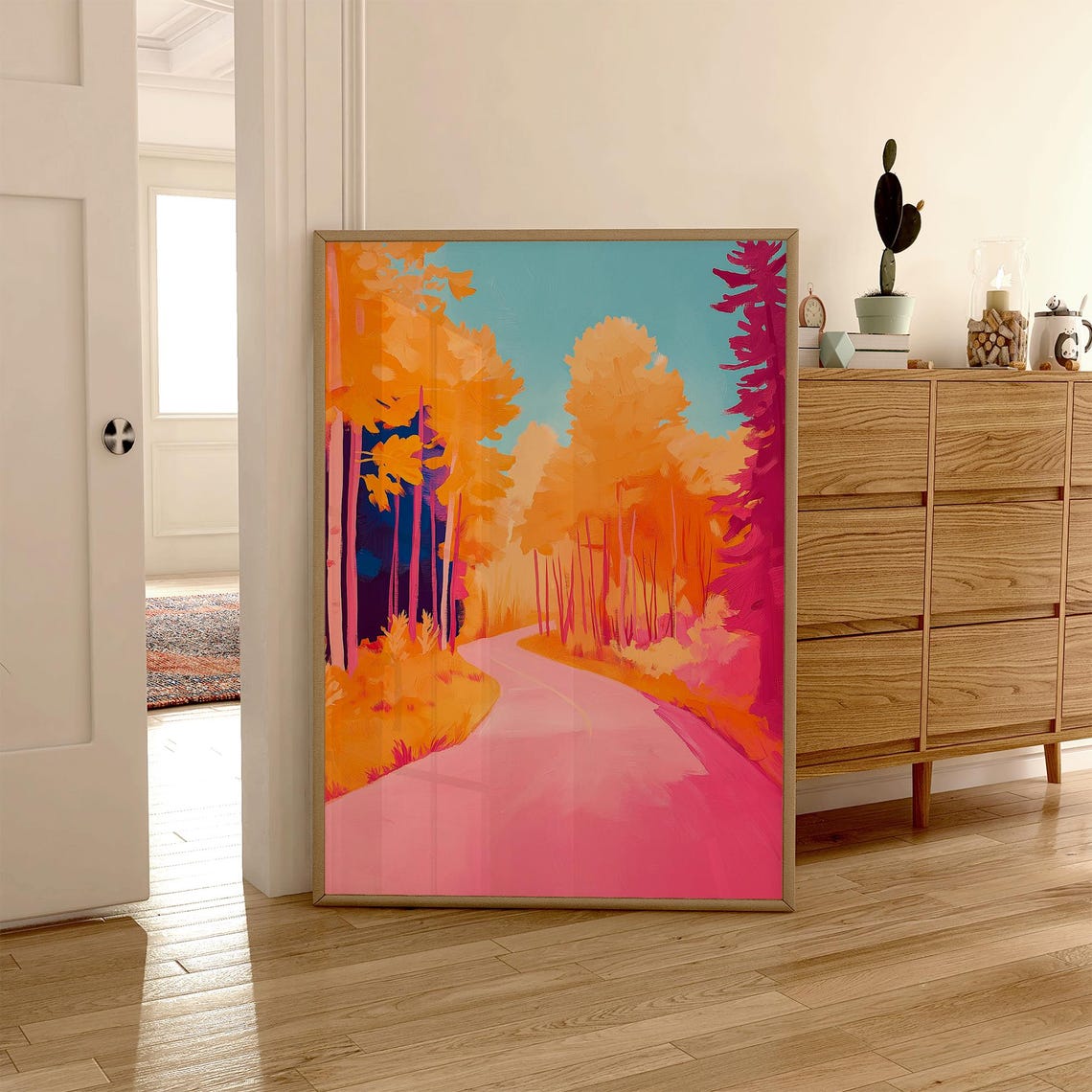 Pink Forest Road Through Orange Autumn Woods Fall Landscape Wall Art - Image 5
