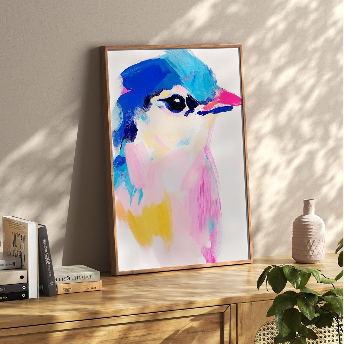 Colorful Abstract Bird Head in Blue Pink Modern Bird Decor Poster - Image 2