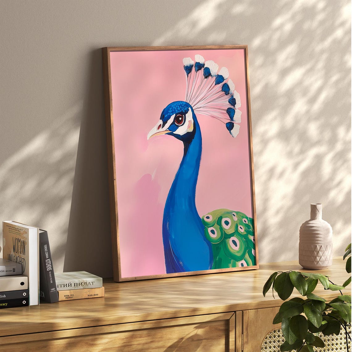 Regal Blue Peacock Portrait on Pink Bird Lover Wall Decor Poster - Image 2
