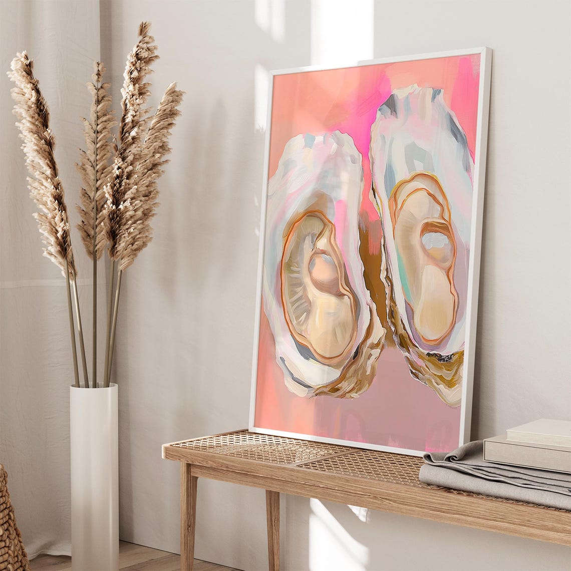 Two Fresh Oysters On Pink Background Coastal Shell Art Poster - Image 2