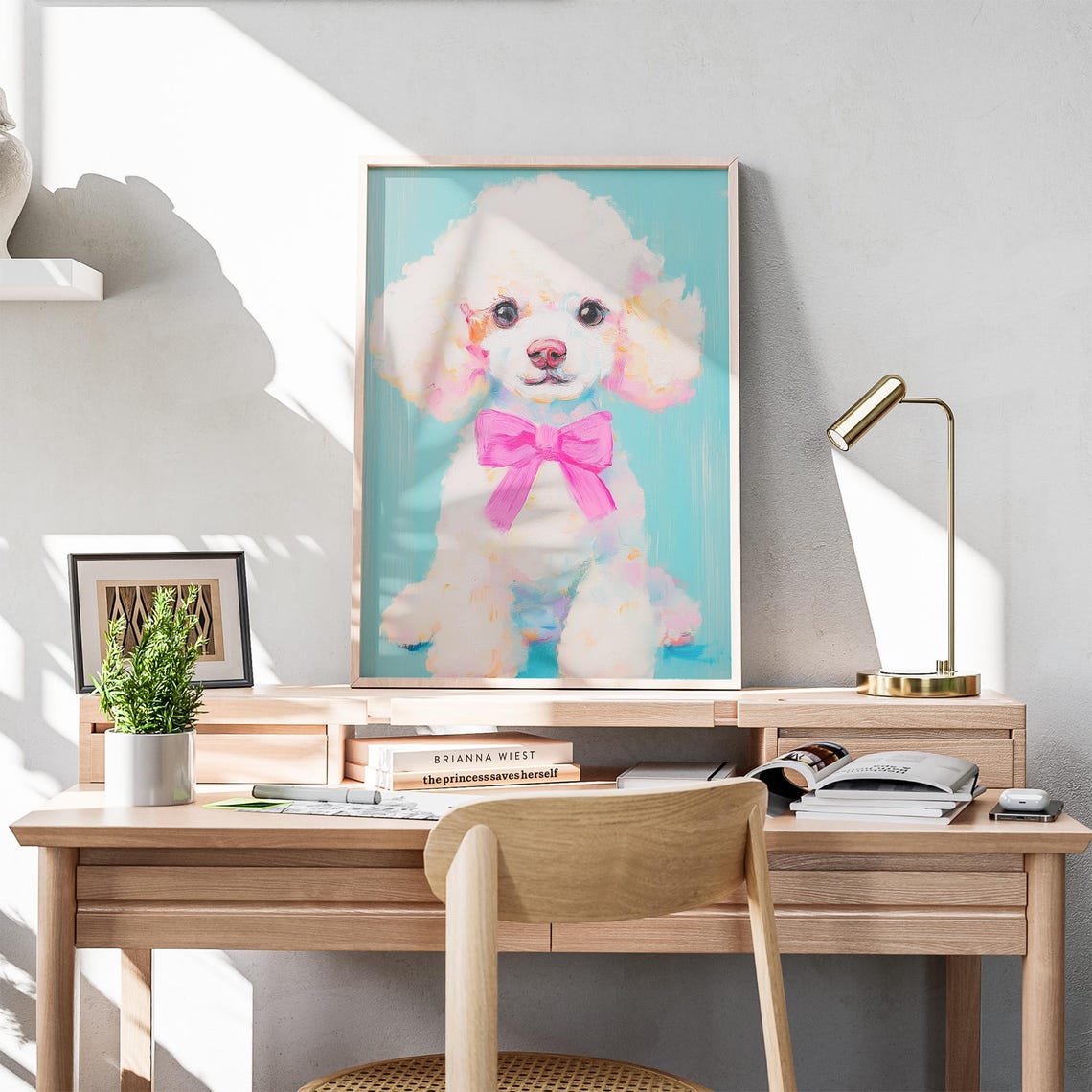 White Poodle Puppy With Pink Bow Turquoise Dog Portrait Poster - Image 5