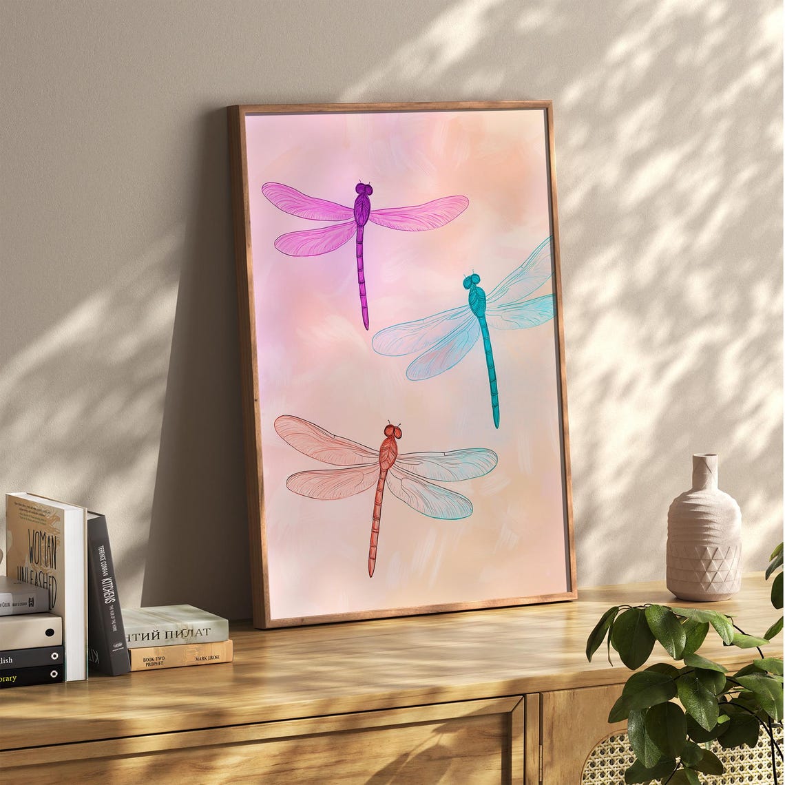 Three Colorful Dragonflies On Soft Peach Botanical Art Poster - Image 2