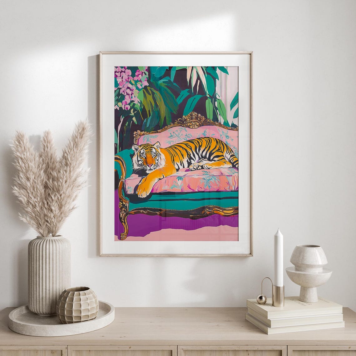 Bold Tiger Lounging on Pink Vintage Sofa in Tropical Jungle Poster - Image 5
