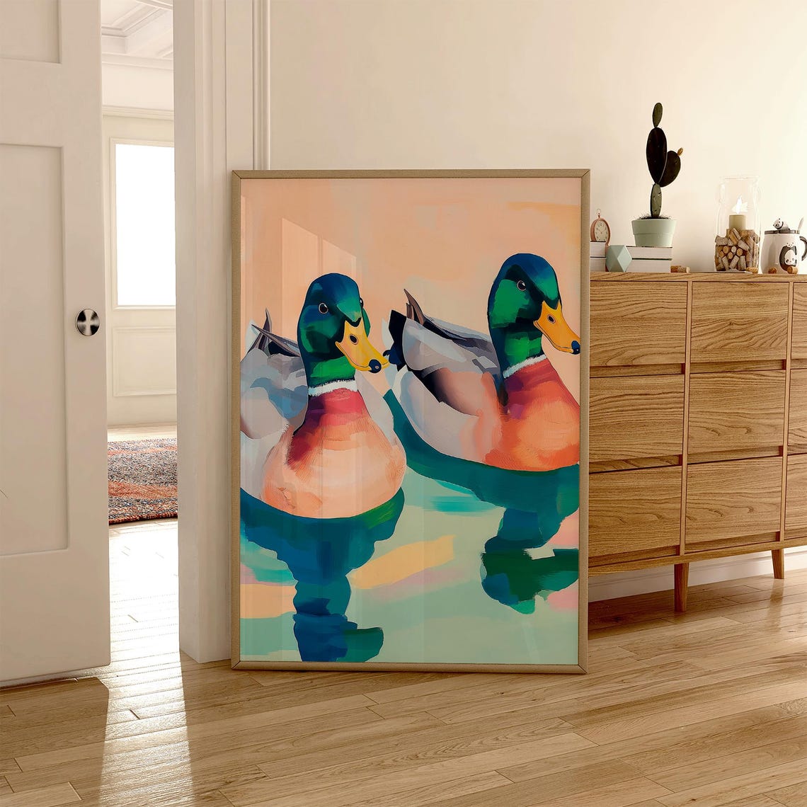 Two Mallard Ducks Swimming in a Colorful Duck Pond Nature Poster - Image 5