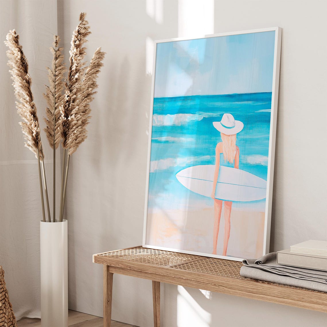 Blonde Surfer Girl Painting Surfer Girl Wall Art Preppy Coastal Room Art Summer Sunset Poster Vibrant Surfer Poster - Image 3
