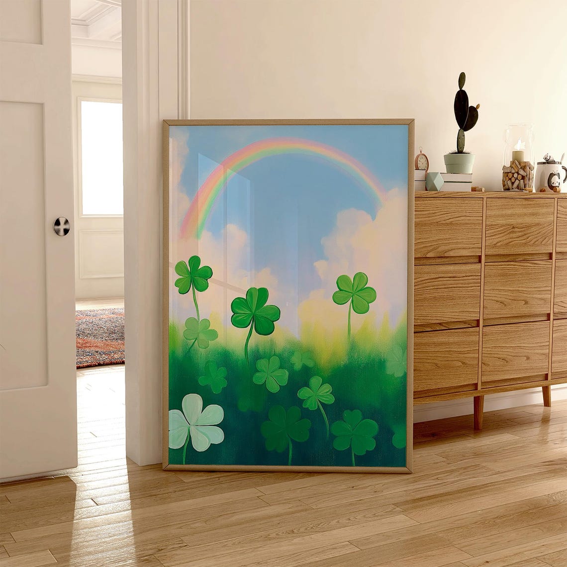 Rainbow Arching Over Green Clover Meadow St Patricks Day Decor Poster - Image 6