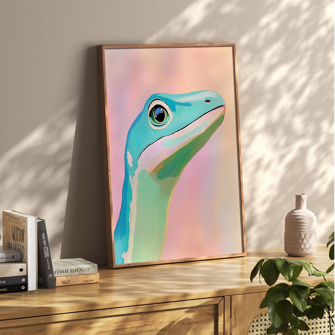Curious Green Lizard Portrait on Pastel Pink Reptile Decor Poster - Image 2