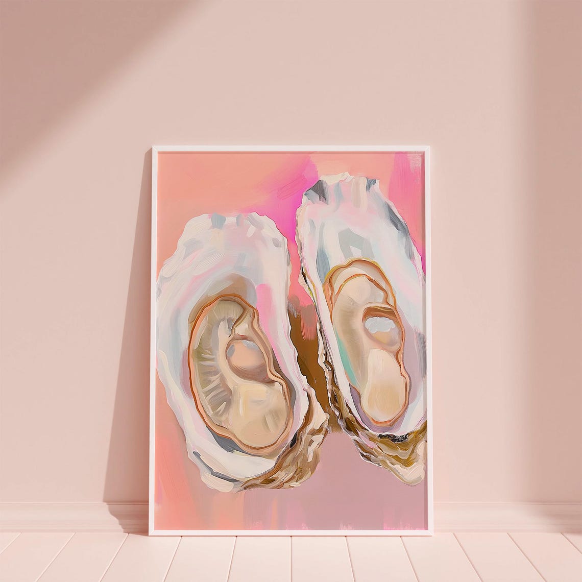 Two Fresh Oysters On Pink Background Coastal Shell Art Poster - Image 6