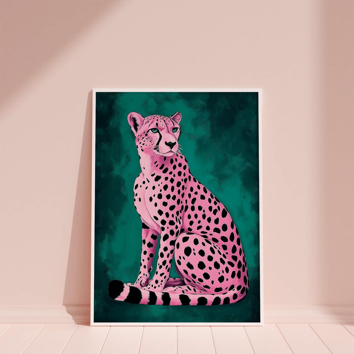 Pink Cheetah on Emerald Green Background Trendy Animal Wall Art - Image 6