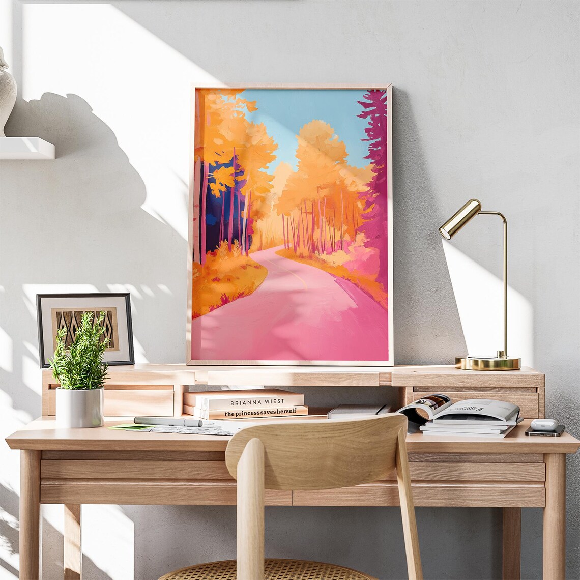 Pink Forest Road Through Orange Autumn Woods Fall Landscape Wall Art - Image 6