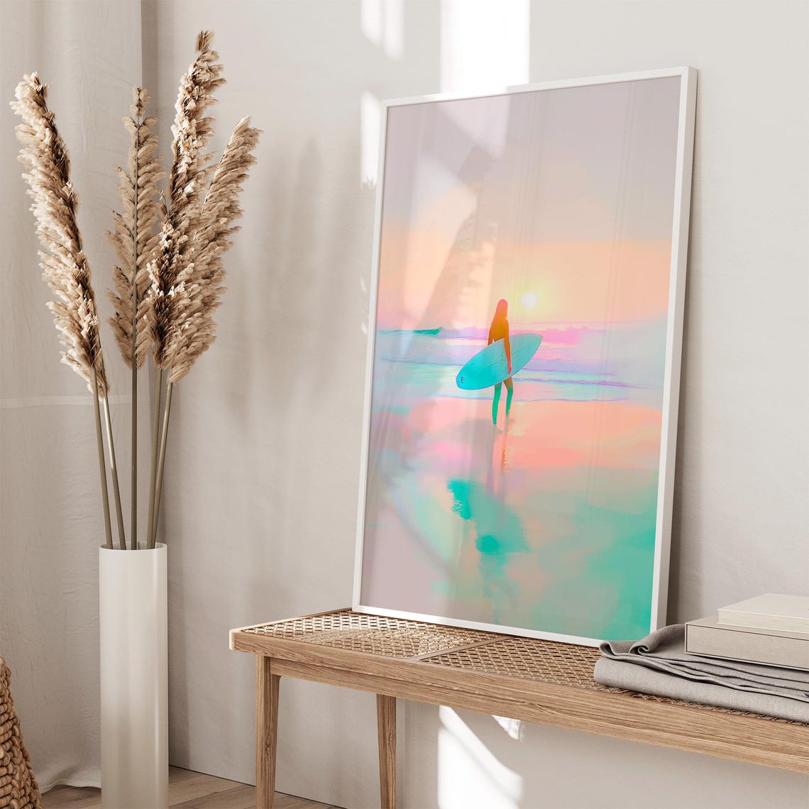 Surfer Girl Painting Surfer Girl Wall Art Preppy Coastal Room Art Summer Sunset Poster Vibrant Surfer Poster - Image 3