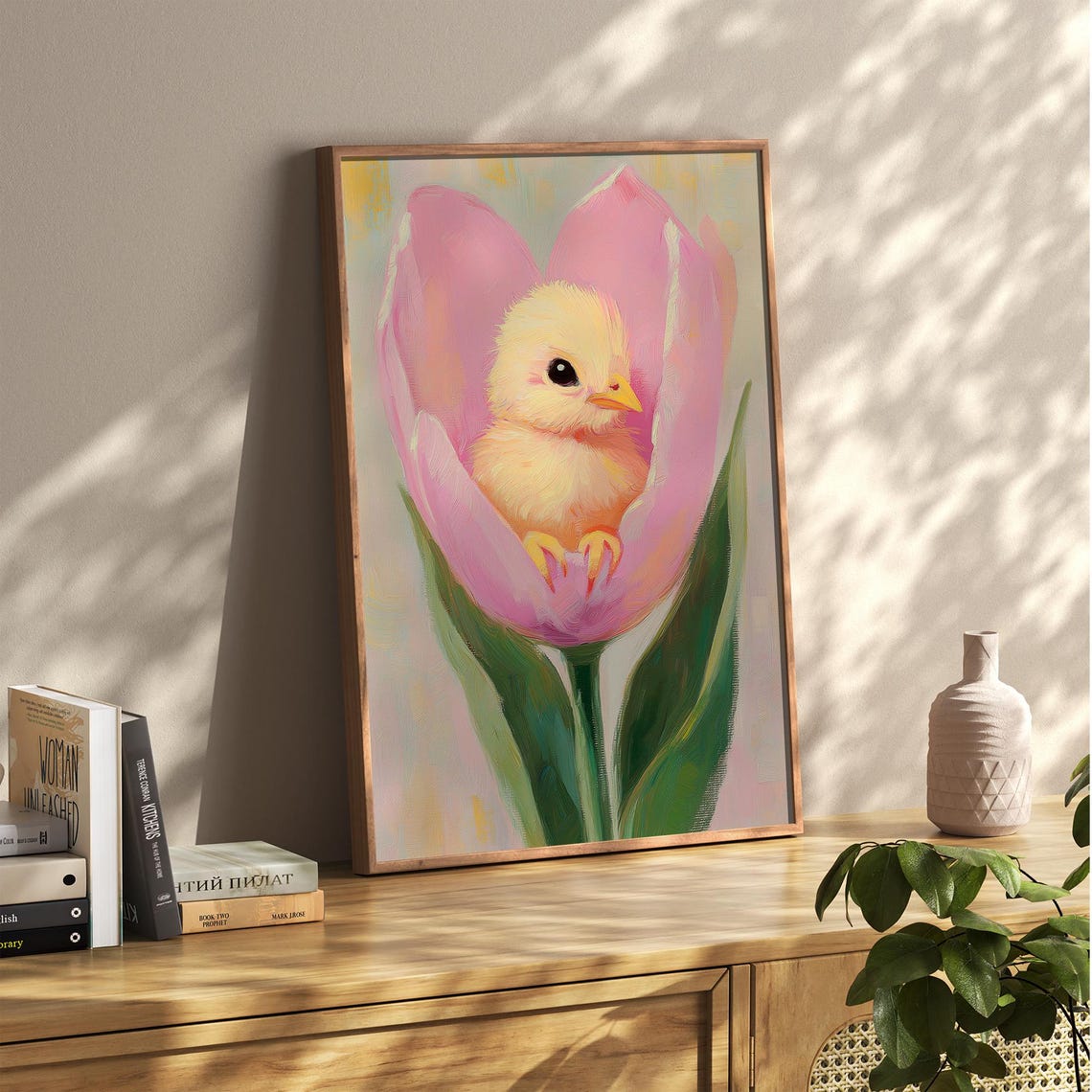 Baby Chick Nestled Inside Pink Tulip Cute Spring Nursery Poster - Image 2