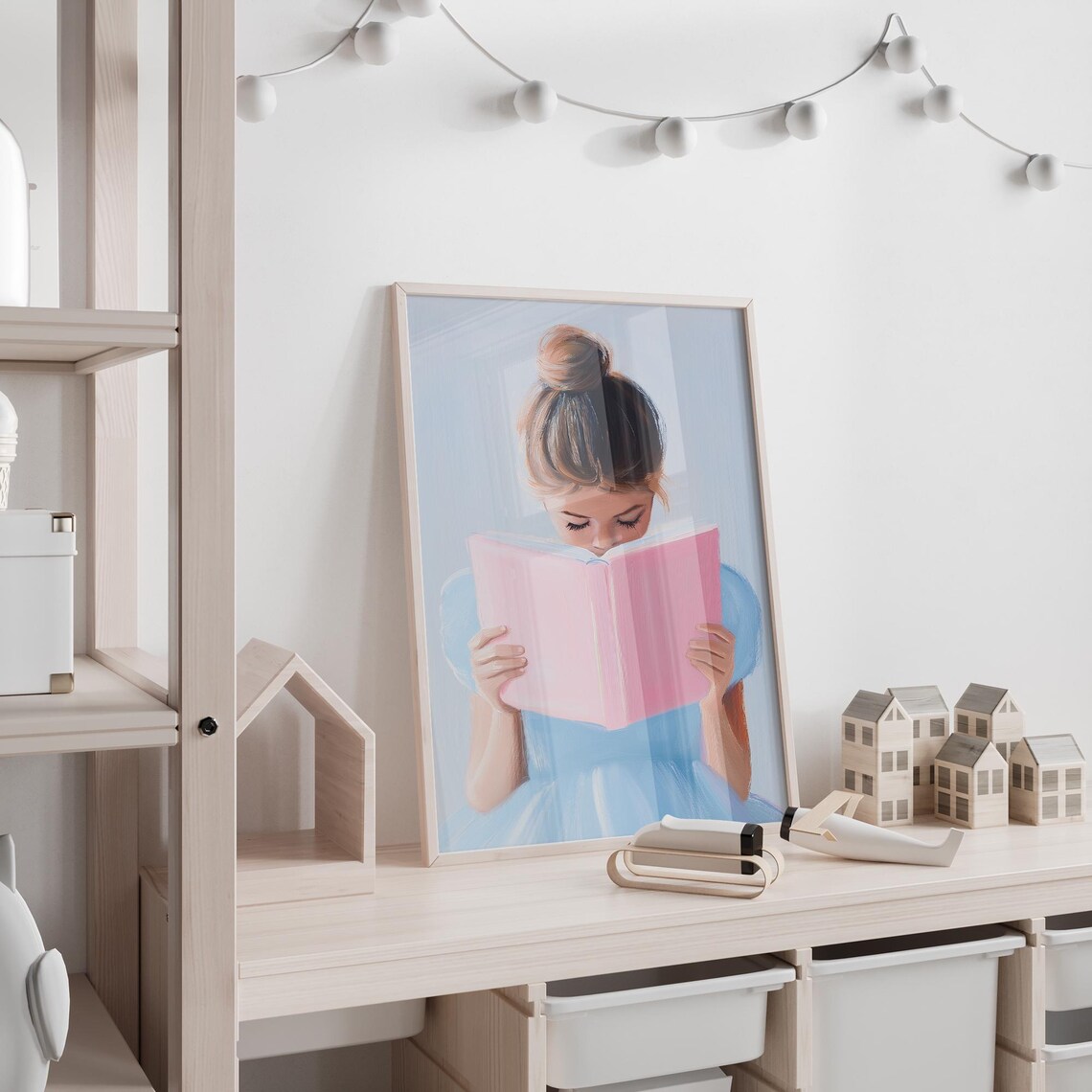 Girl With Top Bun Reading Pink Book Pastel Blue Nursery Poster - Image 5