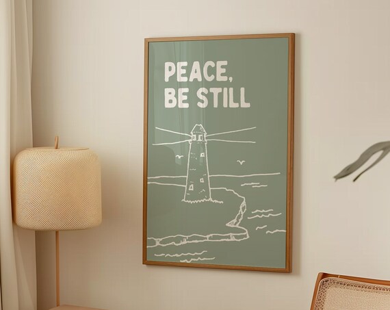 Peace Be Still Sage Green Lighthouse Coastal Christian Poster