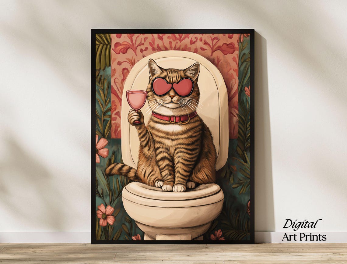 Funny Tabby Cat Heart Sunglasses Toilet Cocktail Humor Art Print