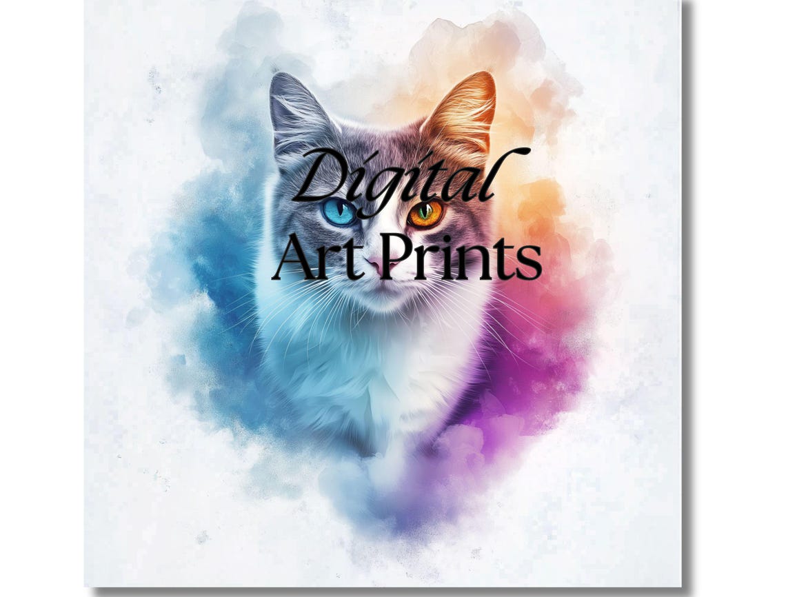 Gray Watercolor Cat Portrait Odd Eyes Pastel Splash Art Print - Image 4