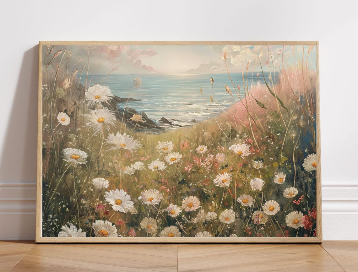 White Daisies Coastal Cliff Sea View Vintage Floral Art Poster - Image 8