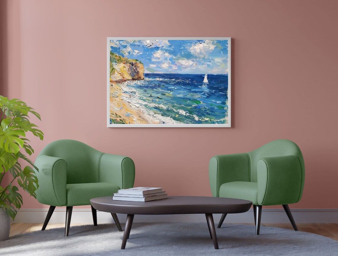 Impressionist Coastal Cliffs Sailboat Blue Sea Oil Painting Poster - Image 2