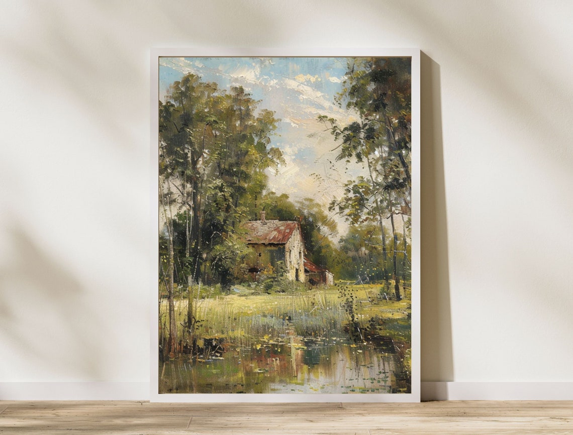 Rustic Stone Cottage by a Calm Still Pond Countryside Art Poster - Image 8