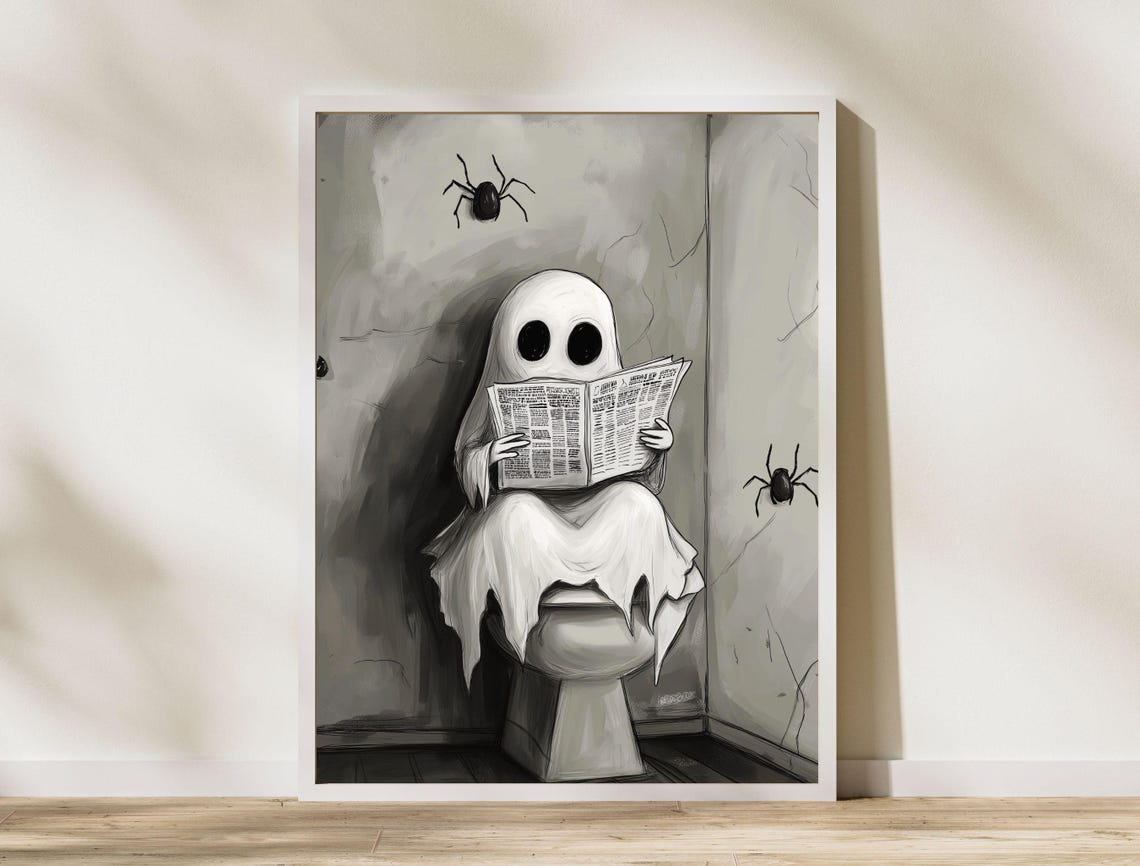 Funny Ghost Reading Newspaper on Toilet Bathroom Humor Poster - Image 6