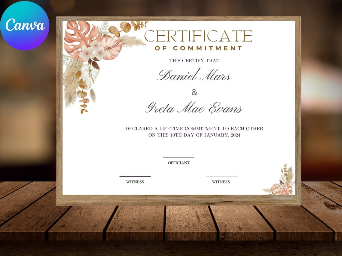 Certificate of Commitment Template Boho Botanical Wedding Print
