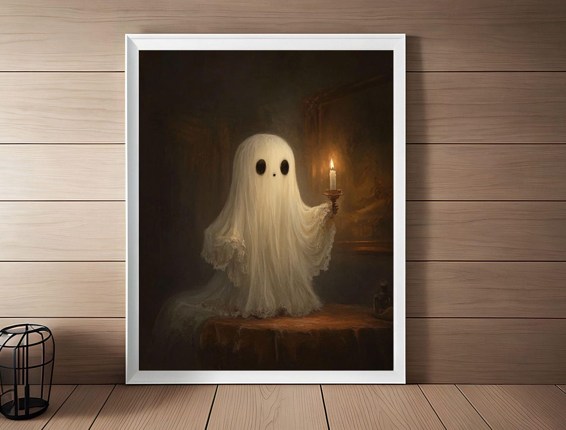Cute Small Ghost Holding Candle Victorian Panting Dark Academia Room Decor Instant Spooky Halloween Ghost Art - Image 2