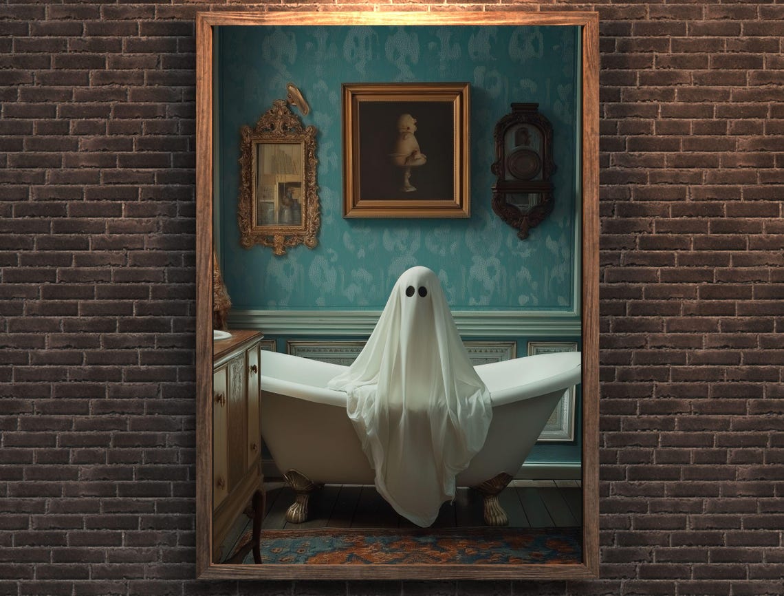 Sheet Ghost Lounging in a Clawfoot Tub Teal Damask Bathroom Poster - Image 6