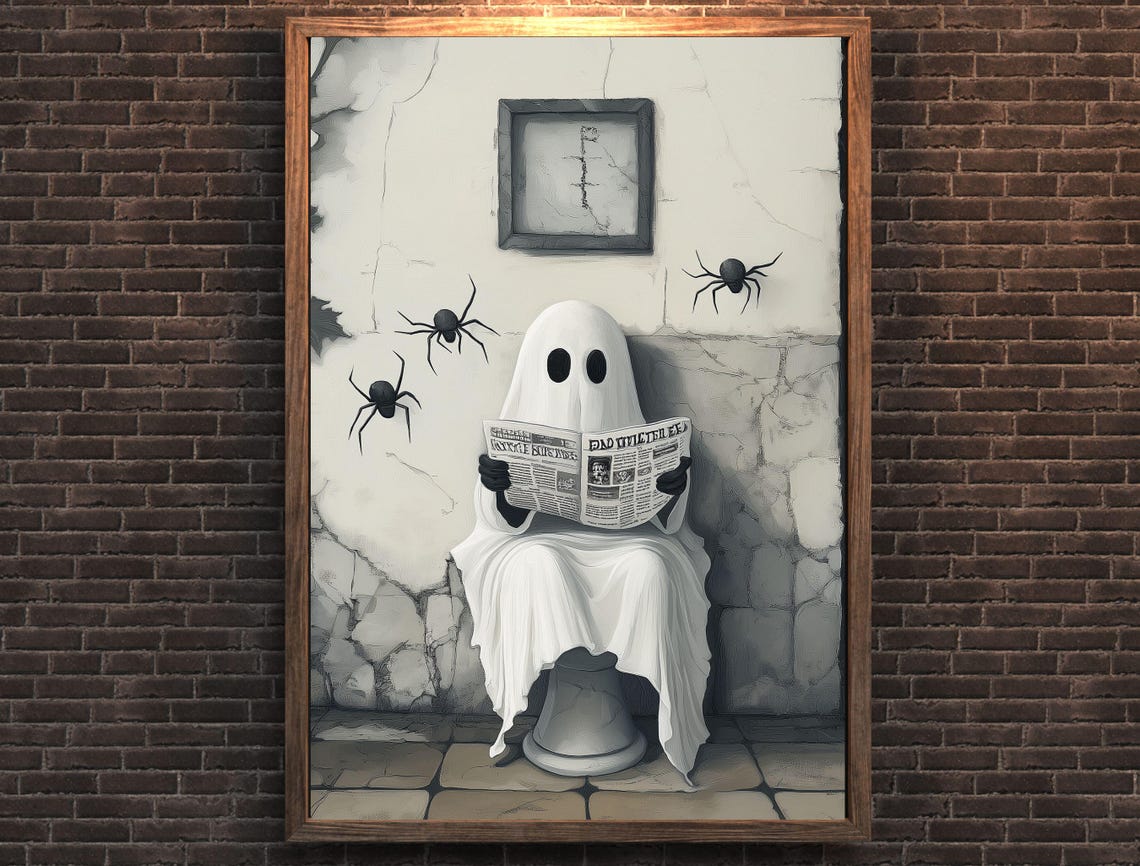 Sheet Ghost Reading a Newspaper on a Toilet Spooky Art Poster - Image 7