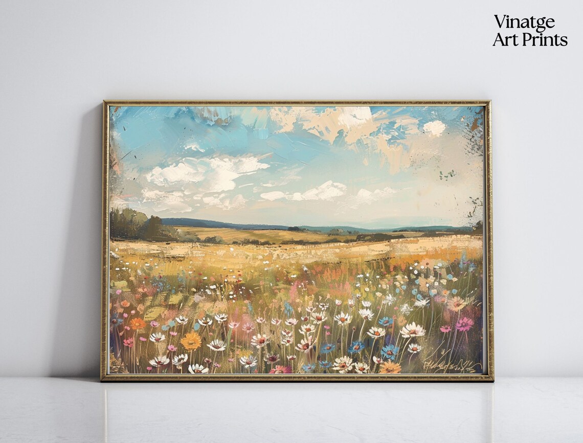 Wildflower Meadow Landscape Oil Painting Summer Field Signed Poster