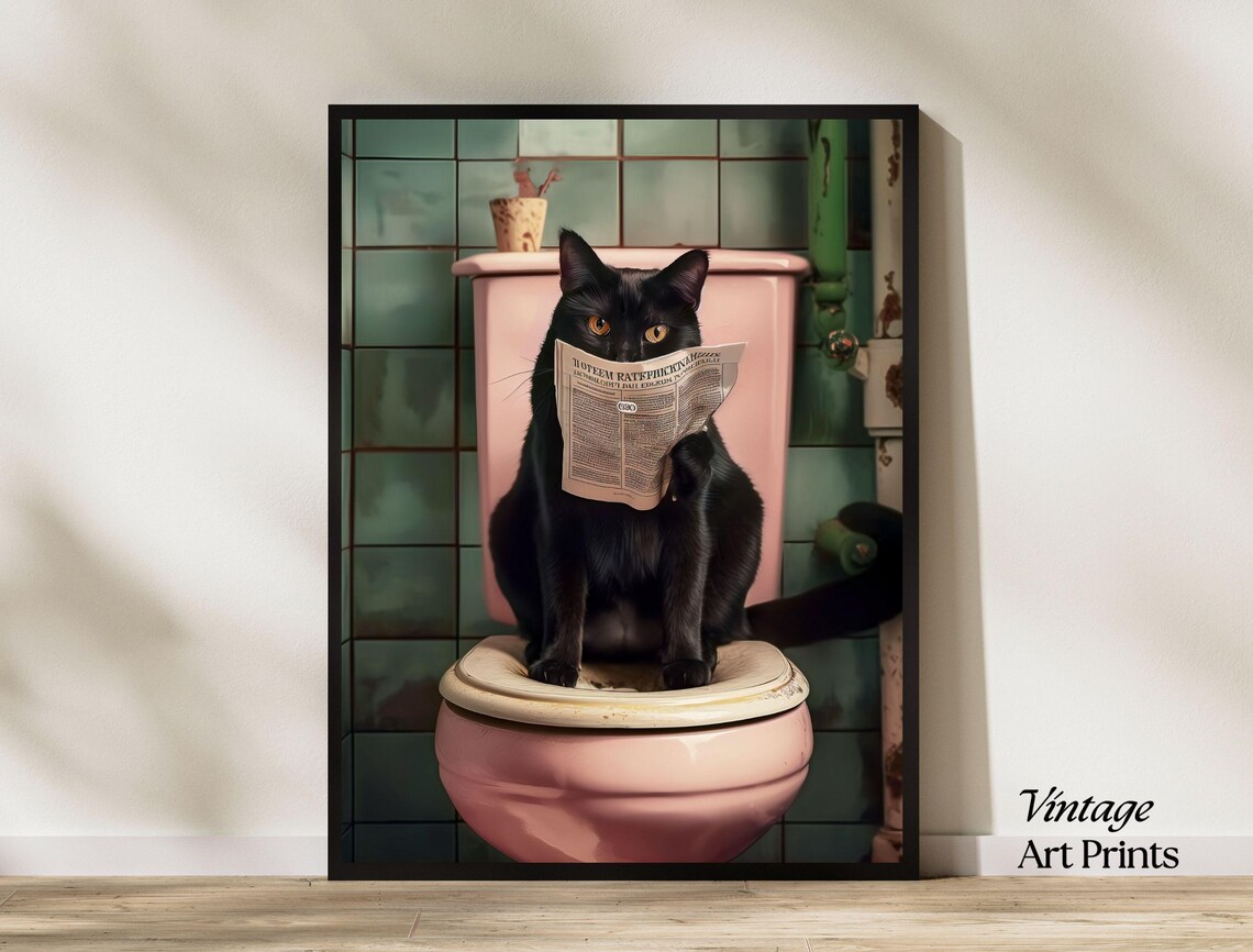 Funny Black Cat Sitting on Toilet Reading Newspaper Bathroom Poster