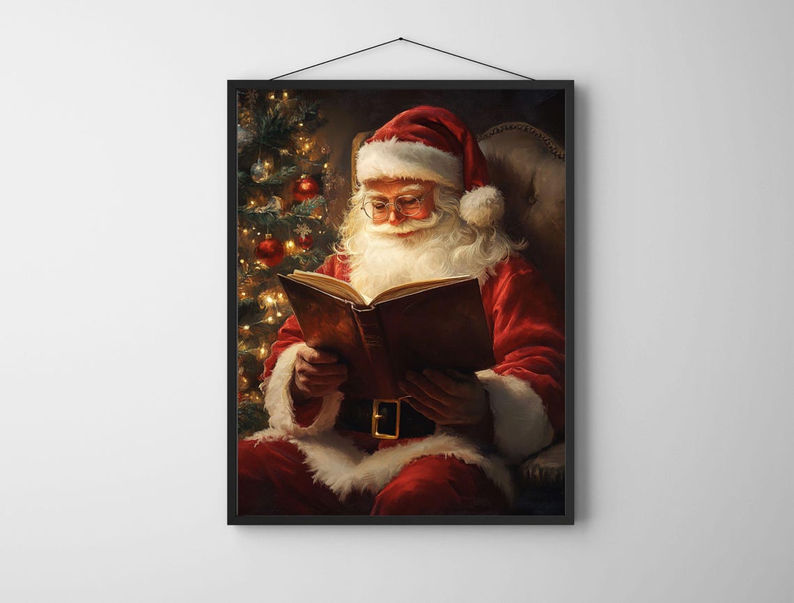 Santa Claus Reading Book by Christmas Tree Cozy Holiday Poster - Image 6