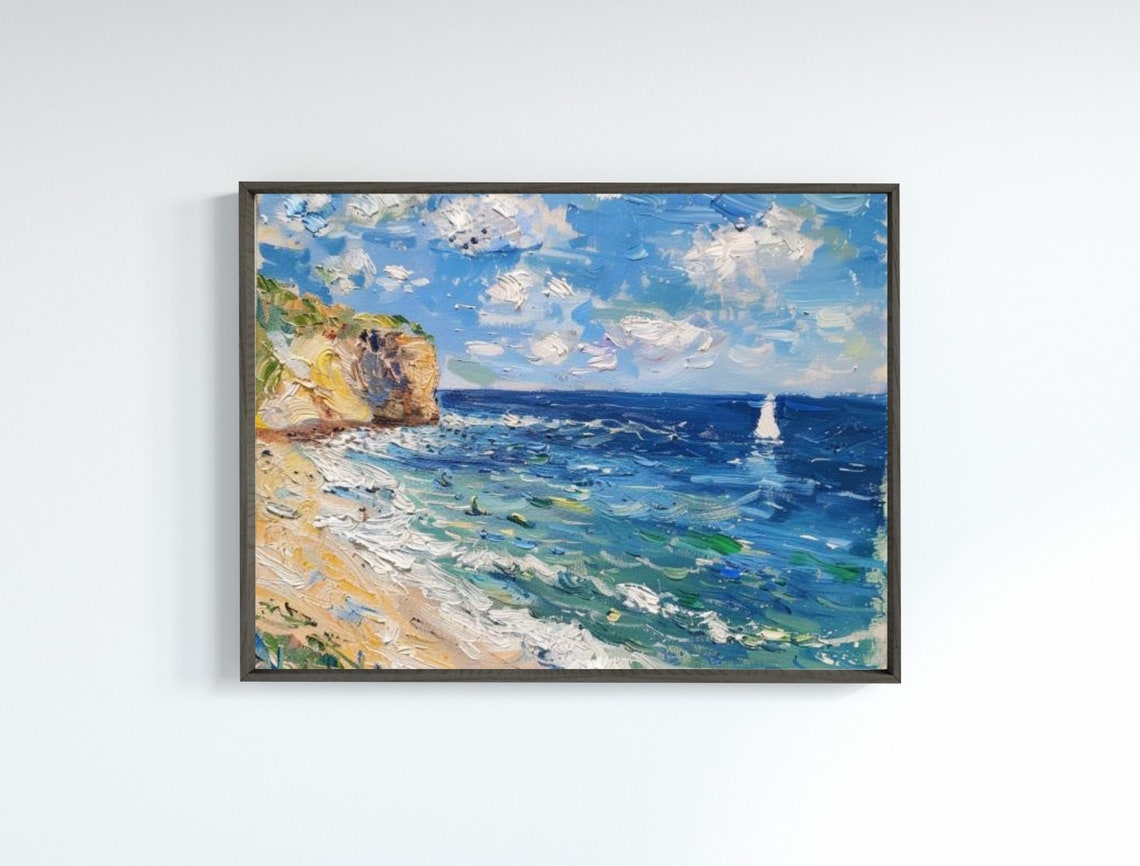 Impressionist Coastal Cliffs Sailboat Blue Sea Oil Painting Poster - Image 8