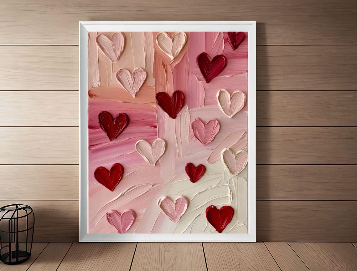 Textured Impasto Hearts Painting Pink Red Valentine Love Art Poster - Image 2
