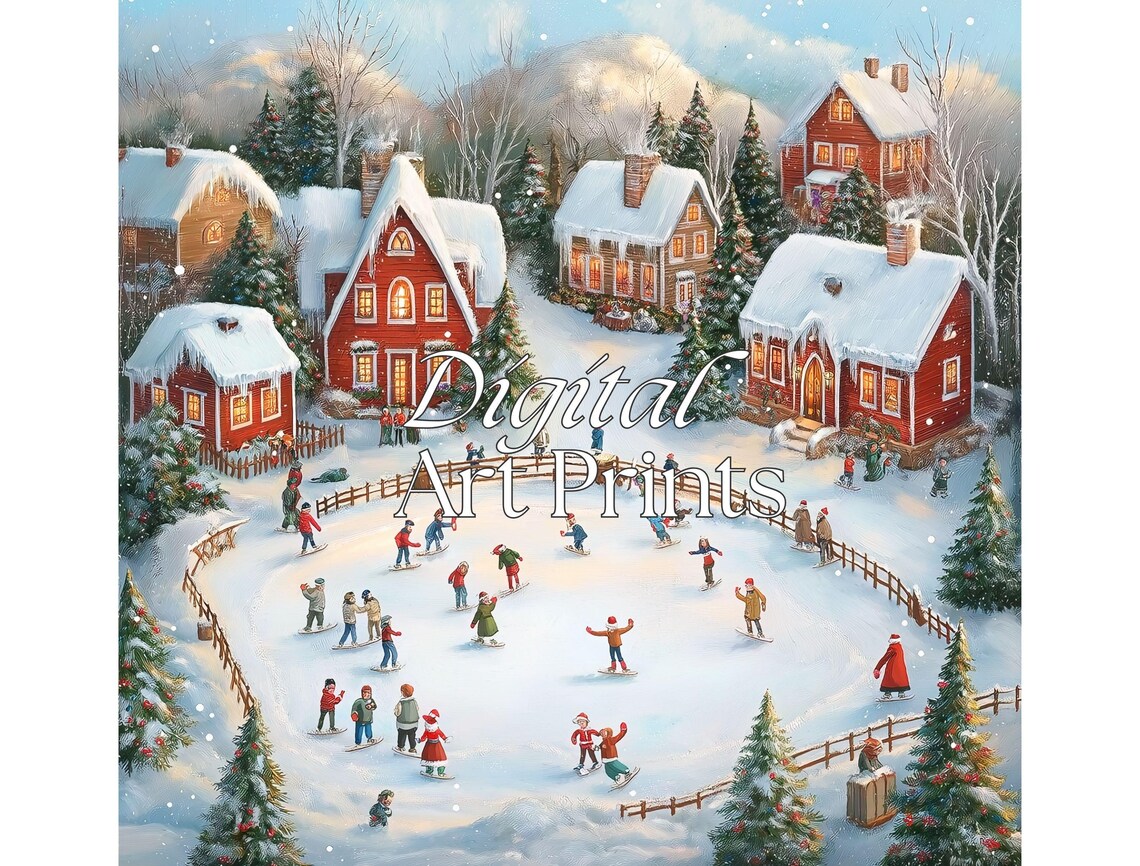 Snowy Christmas Village Ice Skating Scene Vintage Winter Town Poster - Image 2