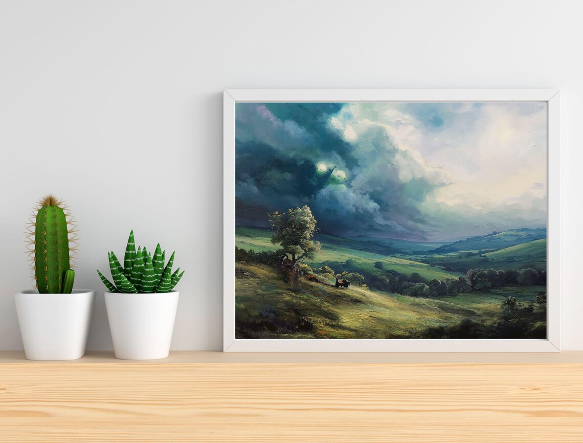 Stormy Green Hills Moody Vintage Landscape Oil Painting Poster - Image 5