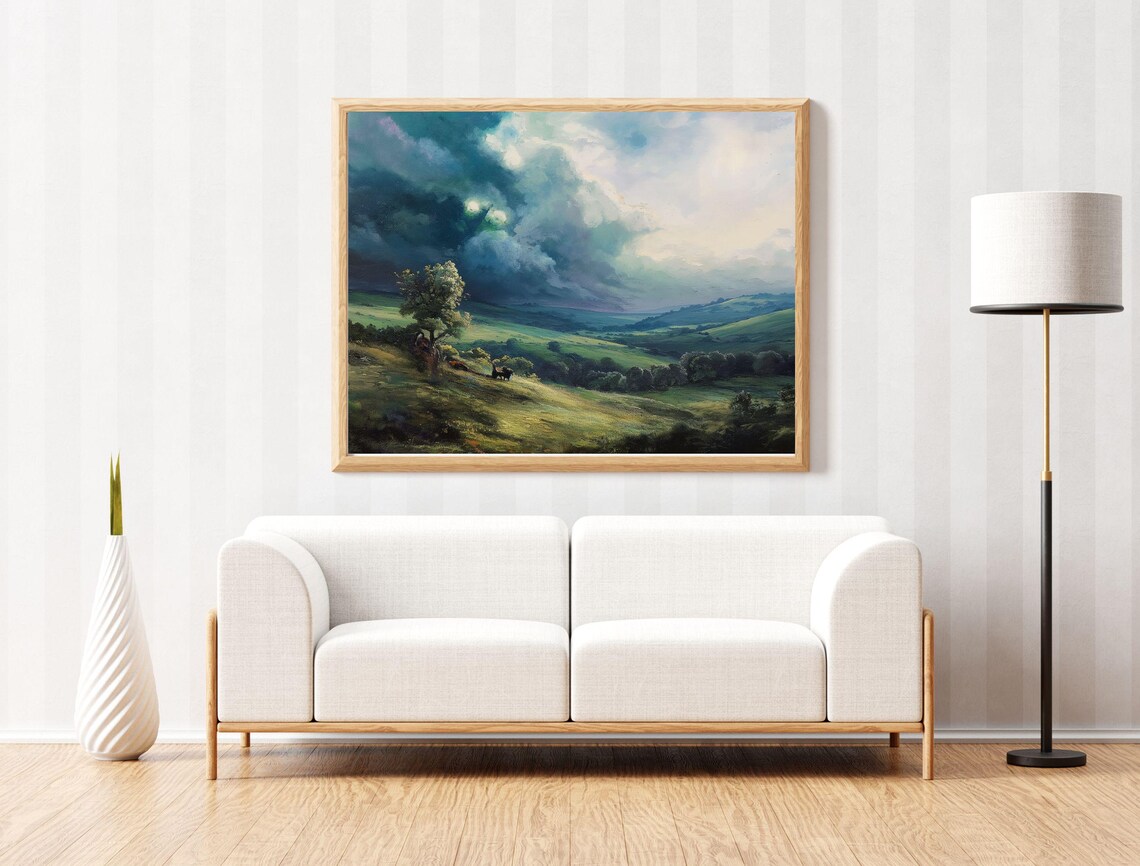 Stormy Green Hills Moody Vintage Landscape Oil Painting Poster - Image 6