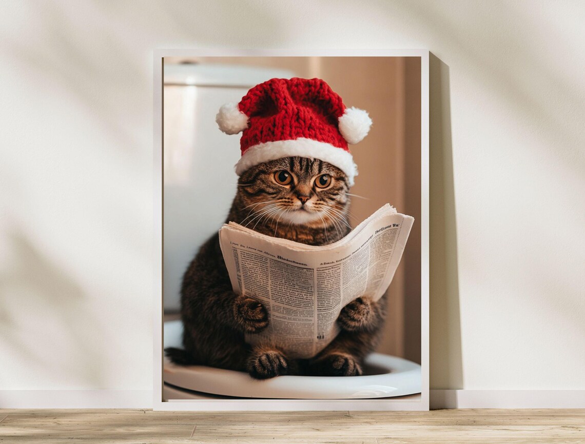 Funny Christmas Cat in Santa Hat Reading Newspaper Bathroom Poster - Image 8