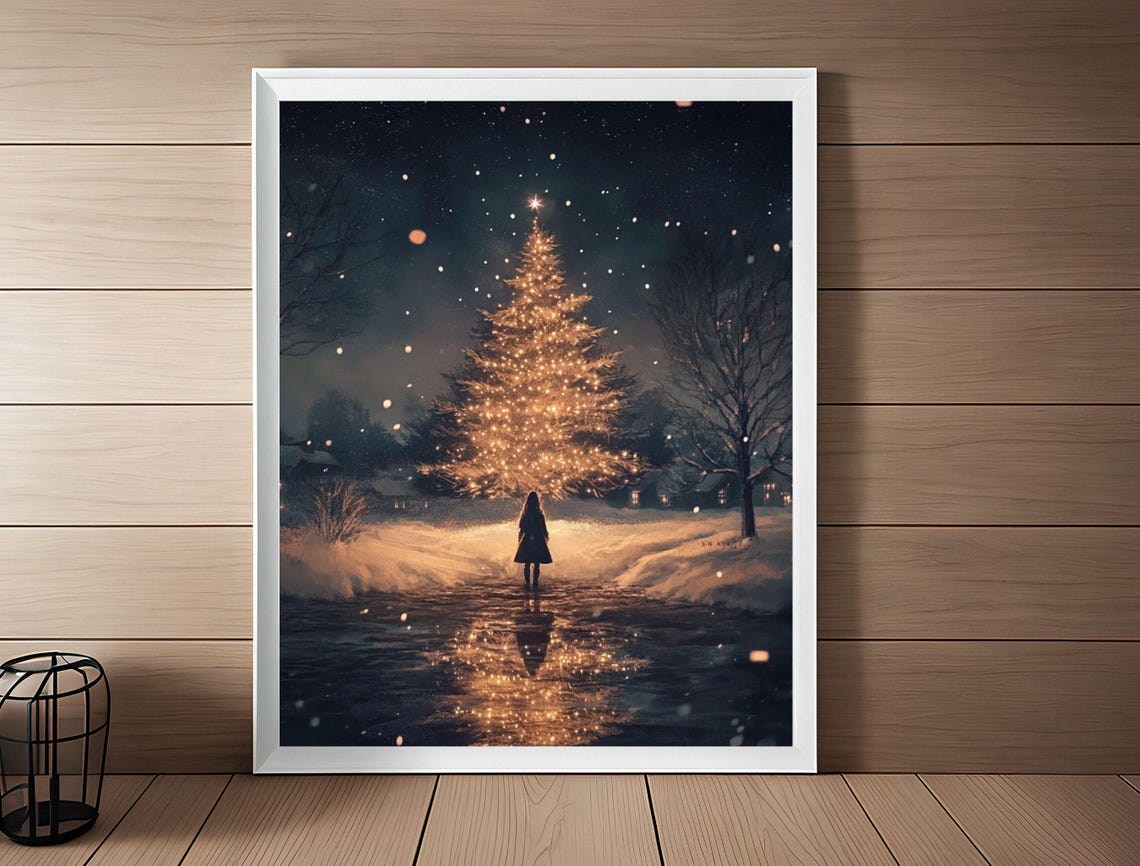 Girl Under Giant Glowing Christmas Tree Snowy Night Magical Poster - Image 3