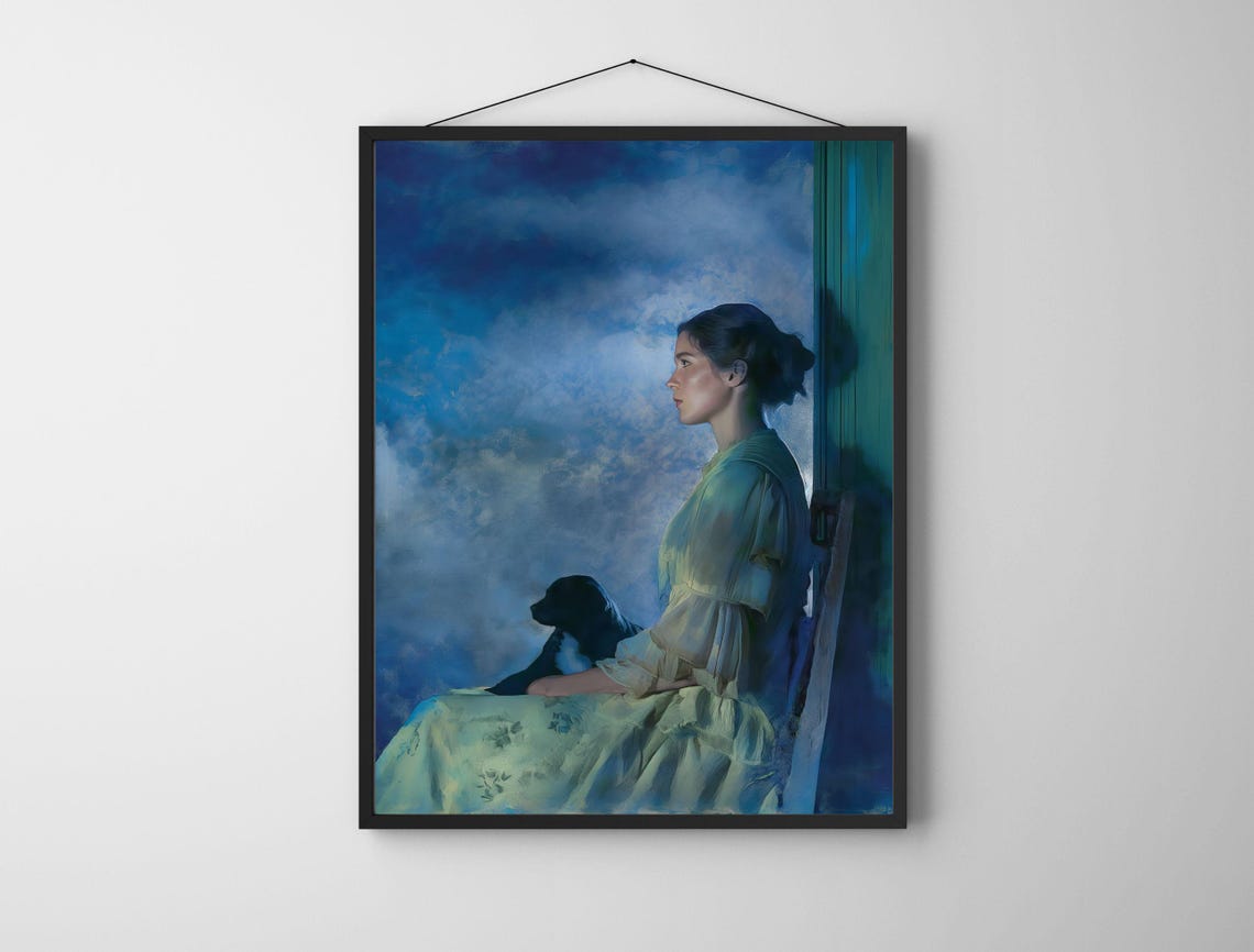 Blue Evening Moody Woman Portrait With Dog Vintage Painting Poster - Image 5