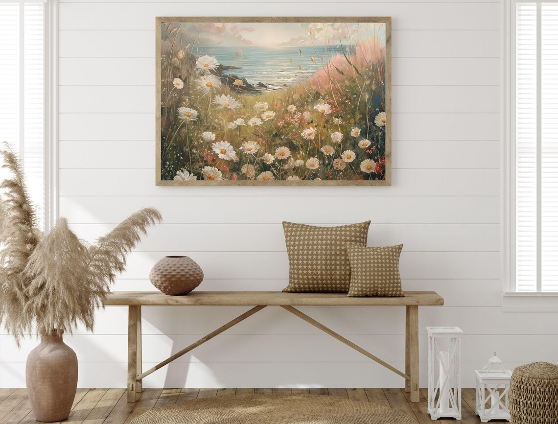 White Daisies Coastal Cliff Sea View Vintage Floral Art Poster - Image 5