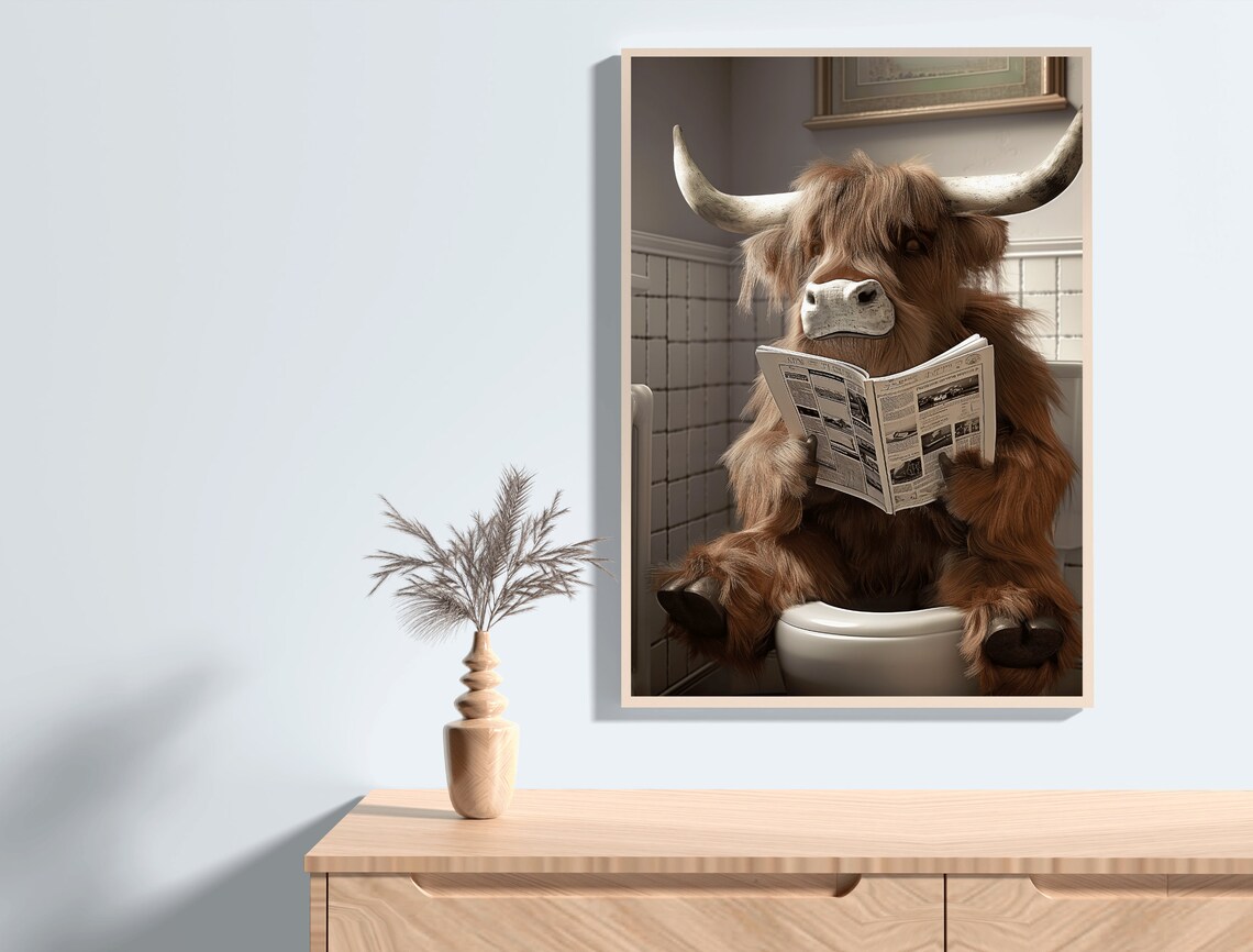 Funny Highland Cow Sitting on Toilet Reading Newspaper Poster - Image 7