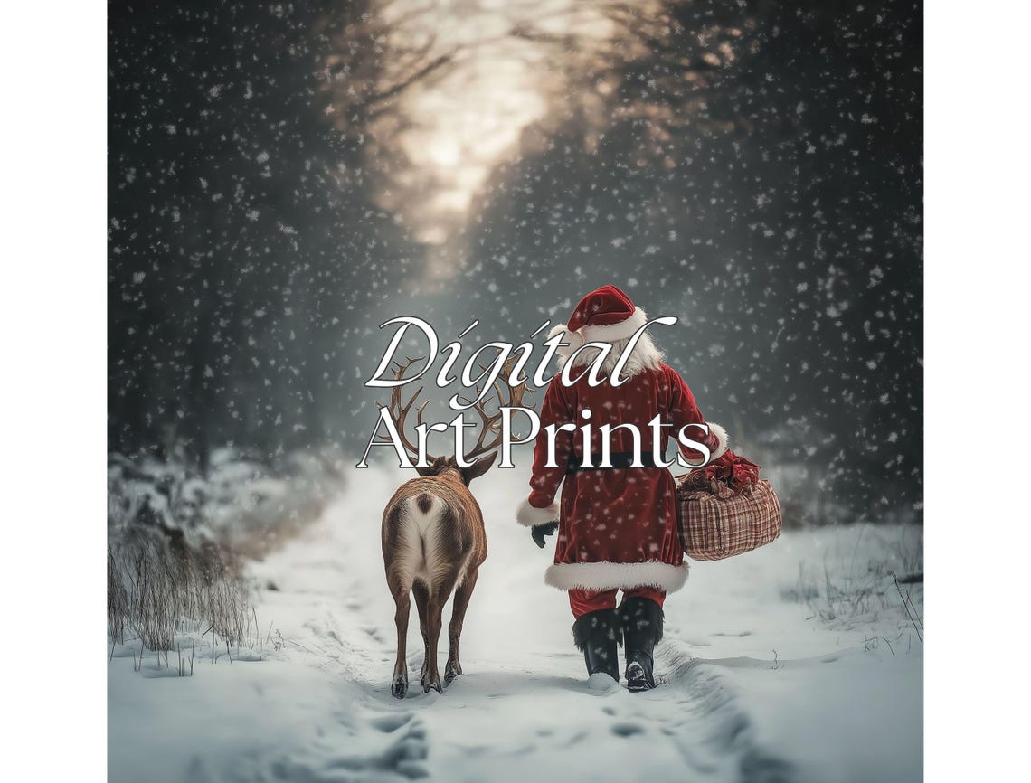 Santa Claus Walking With Reindeer In Snowfall Vintage Christmas Poster - Image 2