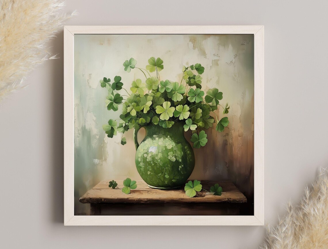 Vintage Green Pitcher of Shamrocks Rustic Still Life Art Print - Image 2