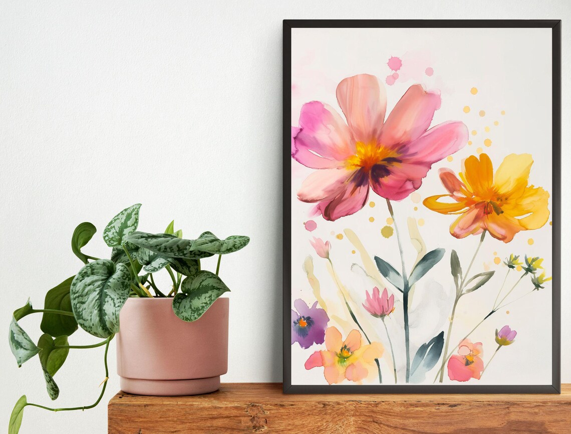 Pink Gold Beige Watercolor Wildflowers Boho Nursery Floral Poster - Image 5