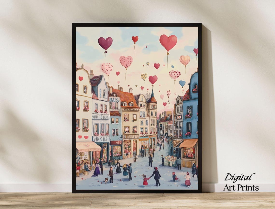 Sunny European Old Town Street Heart Balloons Painterly Art Print