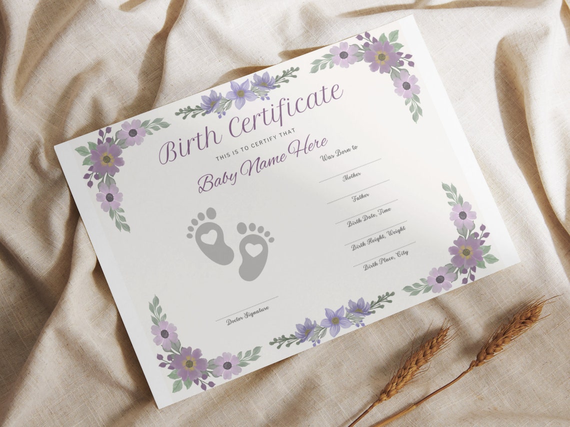 Baby Birth Certificate Keepsake Floral Template Footprint Print - Image 6
